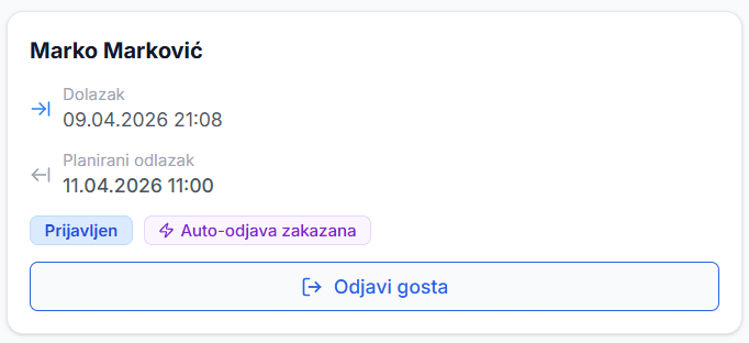 Kartica gosta u Smart Scan aplikaciji sa statusom „Prijavljen“ i „Auto-odjava zakazana“
