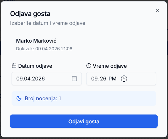Smart Scan modal za ručnu odjavu gosta sa izborom datuma i vremena odjave
