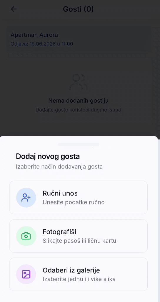 Izbor načina dodavanja gosta — ručni unos, fotografisanje dokumenta ili izbor iz galerije
