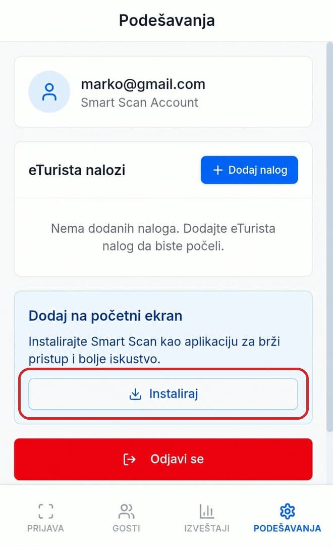 Podešavanja — kartica Dodaj na početni ekran sa dugmetom Instaliraj