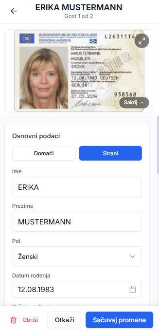 Kartica gosta sa očitanim podacima sa dokumenta — ime, prezime, pol, datum rođenja