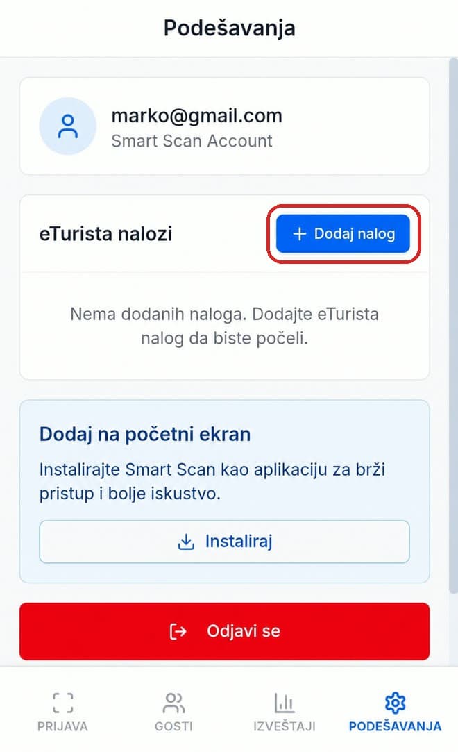 Podešavanja — dugme Dodaj nalog za povezivanje eTurista naloga (označeno crvenim okvirom)