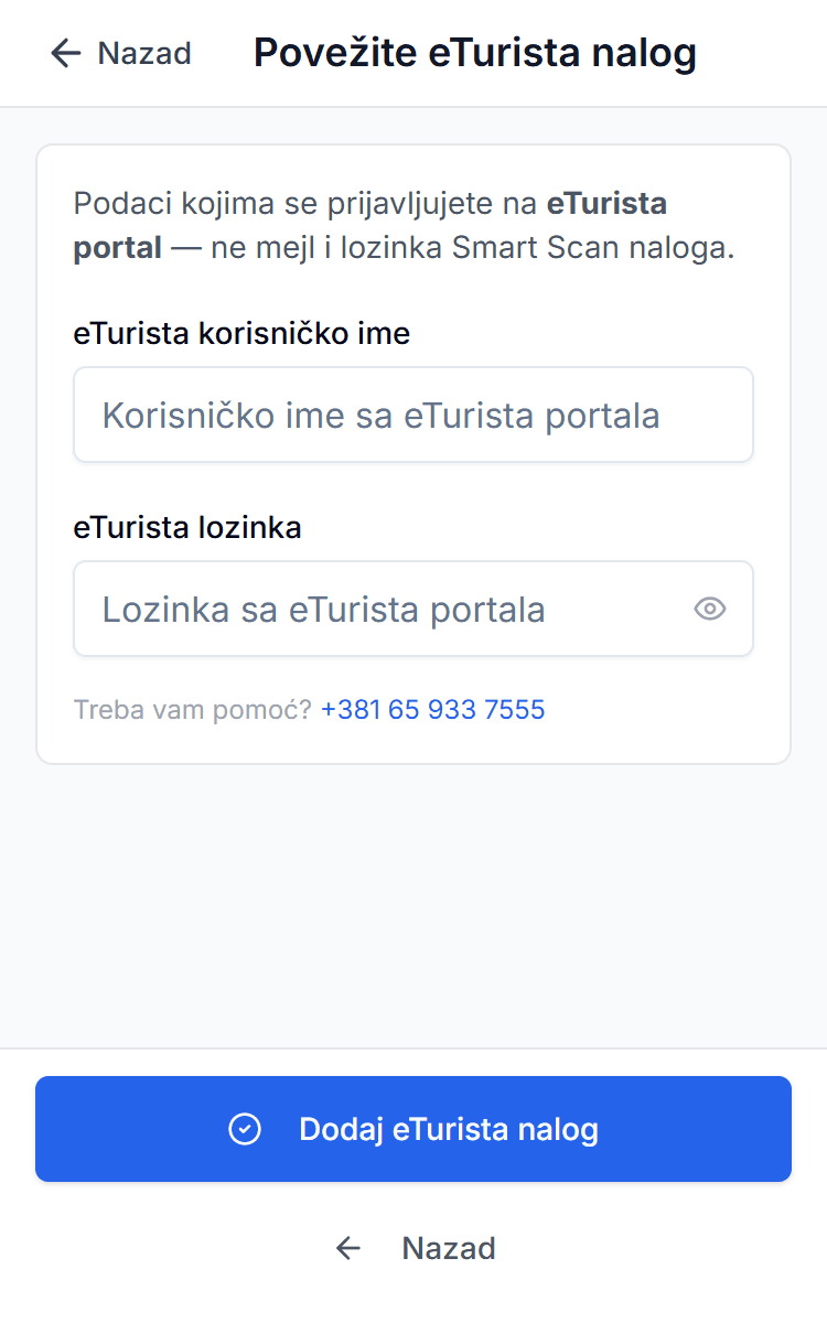 Ekran Povežite eTurista nalog — polja za korisničko ime i lozinku sa eTurista portala