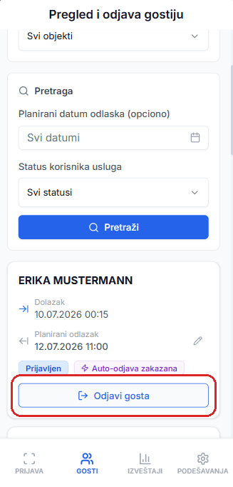 Pregled i odjava gostiju — pretraga po objektu, datumu i statusu i dugme Odjavi gosta