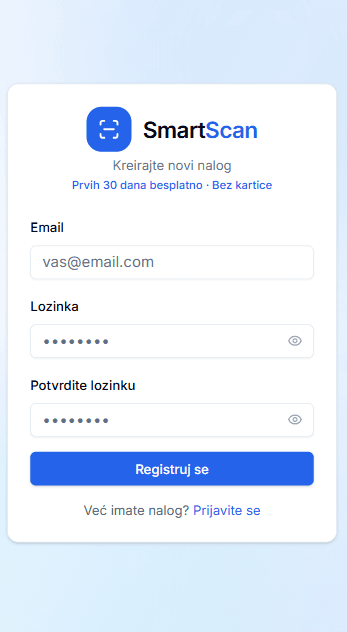 Smart Scan ekran za registraciju — email, lozinka i dugme Registruj se